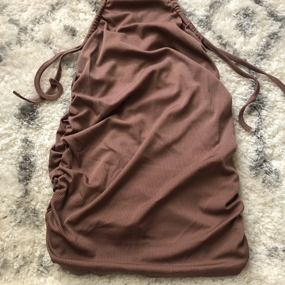 Ribbed V-Neck Waist Side Cutout Tie Ruched Slinky Bodycon Mini Dress Coffee S - Picture 12 of 15